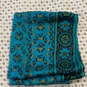 Silk scarf, flower print in turquoise/green/black/gold, 36x34”